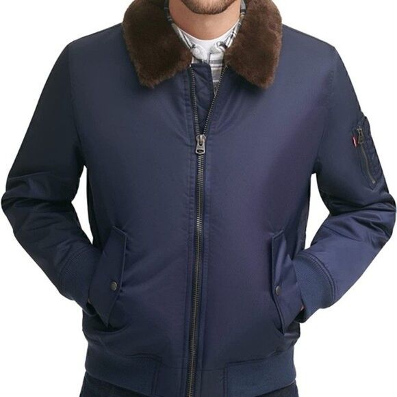 New LEVI'S Men's Large Flight Bomber Jacket Faux Fur Removable Collar Navy XL - Picture 2 of 11